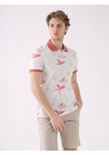 Pudra Erkek Slim Fit Çiçek Desenli Casual Polo Yaka T-shirt