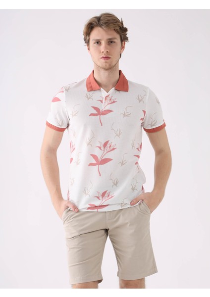 Pudra Erkek Slim Fit Çiçek Desenli Casual Polo Yaka T-shirt modelleri
