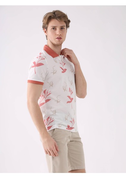 Pudra Erkek Slim Fit Çiçek Desenli Casual Polo Yaka T-shirt fırsatları