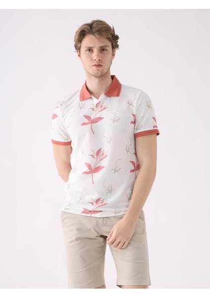 Pudra Erkek Slim Fit Çiçek Desenli Casual Polo Yaka T-shirt indirimleri