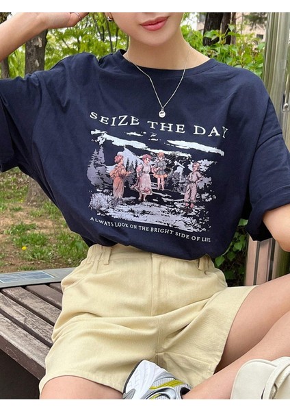 Kadın Seize The Day Baskılı Oversize T-Shirt