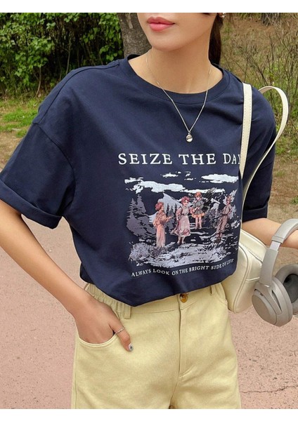 Kadın Seize The Day Baskılı Oversize T-Shirt