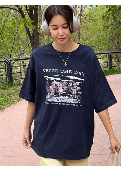 Kadın Seize The Day Baskılı Oversize T-Shirt