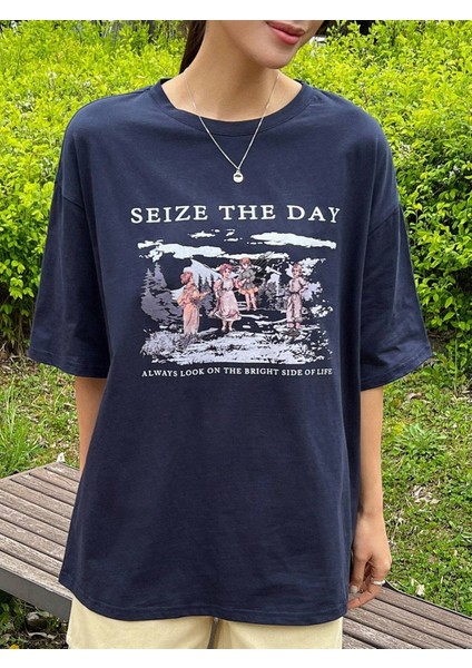 Kadın Seize The Day Baskılı Oversize T-Shirt