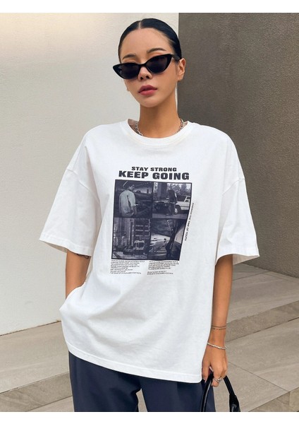 Kadın Keep Going Baskılı Oversize T-Shirt modelleri