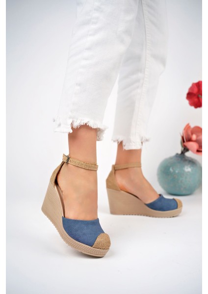 Dolgu Topuk Hasır Lacivert Kot Karnıyarık Ayakkabı
