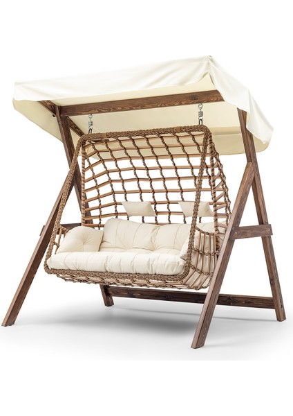 Girne Swing Ahşap Rattan Salıncak Dış Mekan Bahçe Balkon ve Teras Salıncağı Krem