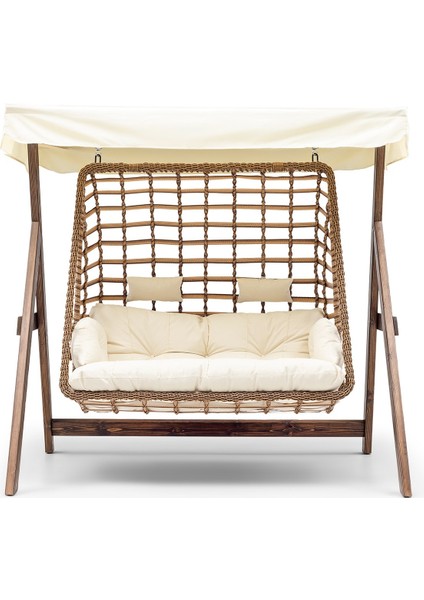 Girne Swing Ahşap Rattan Salıncak Dış Mekan Bahçe Balkon ve Teras Salıncağı Krem