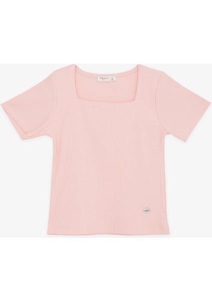 Kız Çocuk Crop Tişört Fitilli Kare Yaka 9-14 Yaş, Somon fırsatları