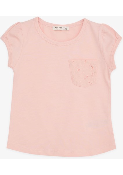 Kız Çocuk Tişört Cepli Güpürlü 3-7 Yaş, Somon