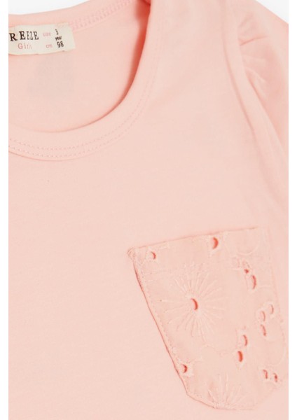 Kız Çocuk Tişört Cepli Güpürlü 3-7 Yaş, Somon modelleri