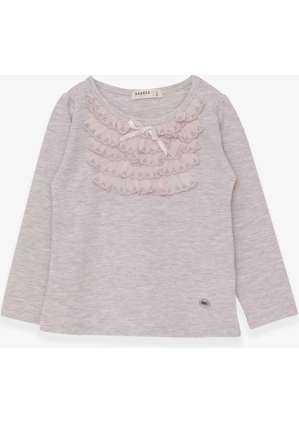 Kız Çocuk Uzun Kollu Tişört Güpürlü Fiyonklu 3-8 Yaş, Bej Melanj