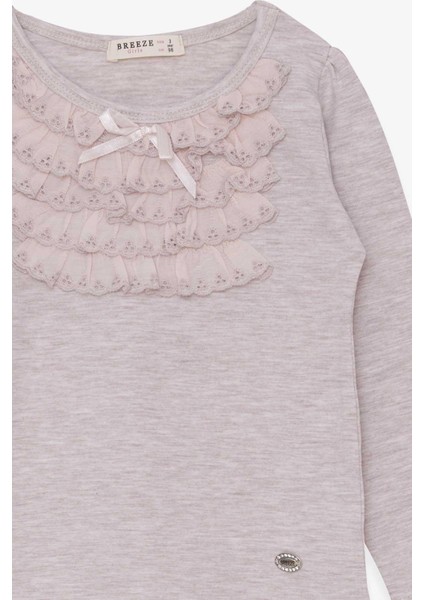 Kız Çocuk Uzun Kollu Tişört Güpürlü Fiyonklu 3-8 Yaş, Bej Melanj modelleri