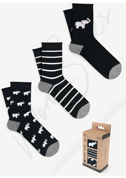 Mono Socks 3'lü Fil Desenli Lastiksiz Bambu Çorap