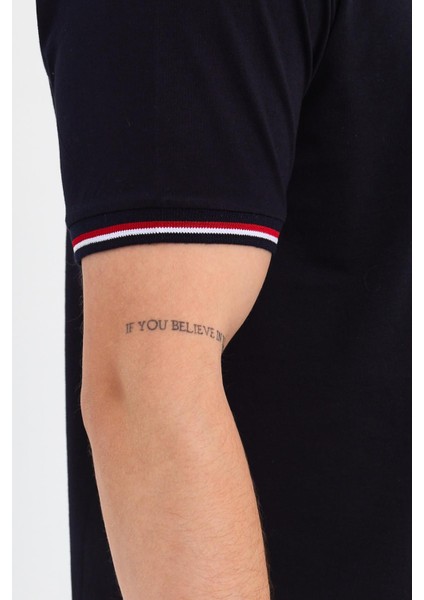 Erkek Lacivert Basic Kolları Şeritli %100 Pamuk Bisiklet Yaka Regular Fit T-Shirt fırsatları