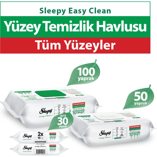 Sleepy Easy Clean Beyaz Sabun Katkılı Yüzey Temizlik Havlusu 100+50+2X15 (180 Yaprak)