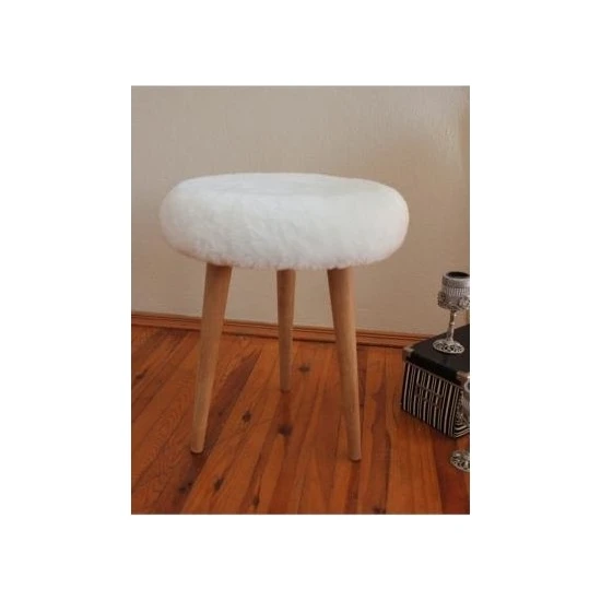 Gladsome Gürgen Ahşap Retro Ayak Dekoratif Beyaz Pelüş Puf Tabure Bench Koltuk Sandalye