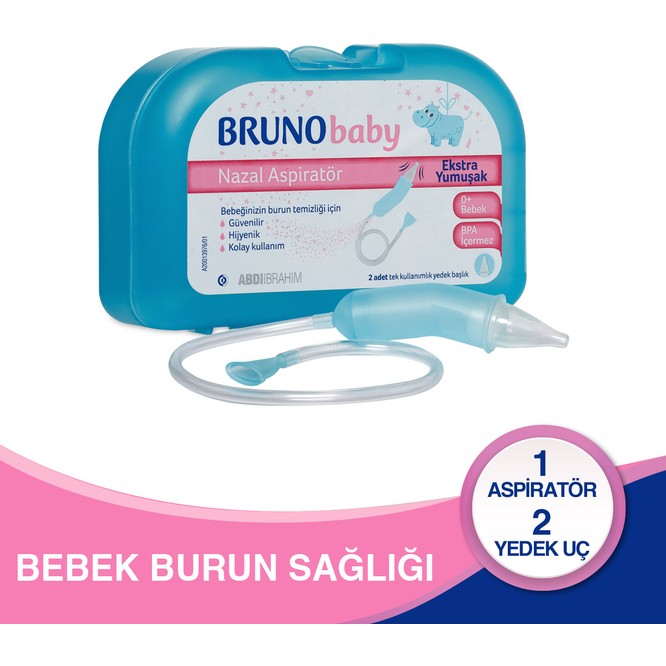 Bruno Baby Yumuşak Başlıklı Nazal Aspiratör 1 Adet + Tek Kullanımlık Başlık 2 Adet - BPA İçermeyen, Ergonomik ve Bebek Dostu Tasarım