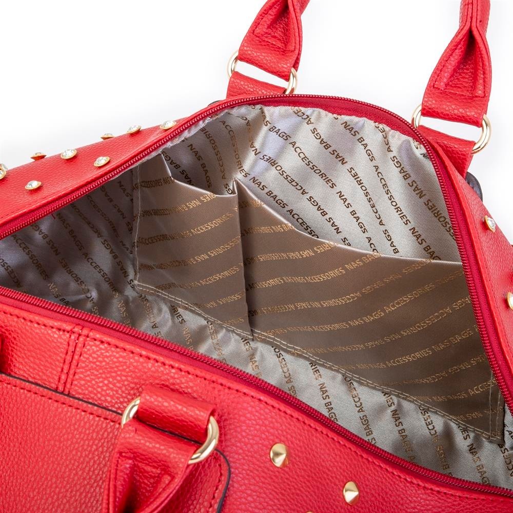Nas Bag Büyük Kadın Zımbalı Geniş Valiz ve El Çantası Kırmızı Natural görsel 5