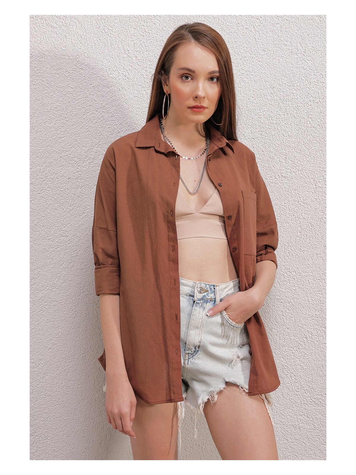 Bigdart 20153 Tek Cepli Oversize Keten Gömlek - Yağ Yeşil - Görsel 7