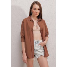 Bigdart 20153 Tek Cepli Oversize Gömlek - Kahverengi