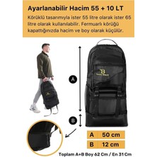 Tonny Black Orijinal 55+10 Litre Körüklü Ortopedik Konfor Modeli Su Geçirmez Çok Gözlü İçi Geniş Bölmeli Büyük Trekking Dağ Gezi Seyahat Yürüyüş Kamp Spor İçin Outdoor Dağcı Sırt Çantası 65 Lt Siyah