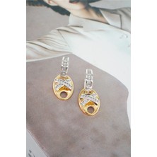 By Zeyna Aksesuar  Kadın Vip Seri Zirkon Baget Taşlı Çift Renk'li  Elips Model  Küpe