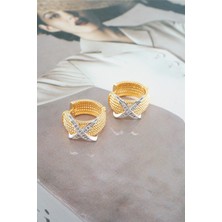 By Zeyna Aksesuar  Kadın Vip Seri Zirkon Taşlı Çift Renk'li Halka Model  Küpe