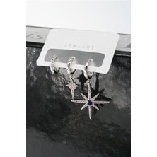 By Zeyna Aksesuar  Kadın Vip Seri Zirkon Taşlı Kuzey Yıldızı Figürlü  3'lü Küpe Set