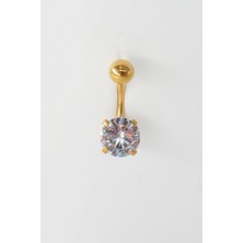 By Zeyna Aksesuar Kadın 316L Anti Alerjenik Topcuklu Oval Baget Zirkon Taşlı Göbek Piercing
