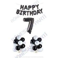 Rönesans Parti Happy Bırthday Siyah Renk Folyo Balon Latex Balon  ve Folyo Rakam Seti Yaş 7