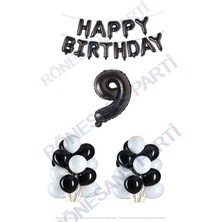 Rönesans Parti Happy Bırthday Siyah Renk Folyo Balon Latex Balon  ve Folyo Rakam Seti Yaş 9
