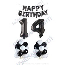 Rönesans Parti Happy Bırthday Siyah Renk Folyo Balon Latex Balon  ve Folyo Rakam Seti Yaş 14