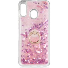 Cep Case Samsung Galaxy A20 Kılıf Yüzük Standlı Sıvılı Simli Pullu Renkli Desenli Silikon Kapak