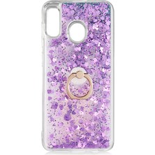 Cep Case Samsung Galaxy A20 Kılıf Yüzük Standlı Sıvılı Simli Pullu Renkli Desenli Silikon Kapak