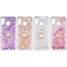 Cep Case Samsung Galaxy A20 Kılıf Yüzük Standlı Sıvılı Simli Pullu Renkli Desenli Silikon Kapak