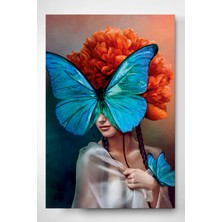Hinora Digi-Glass  Mavi Kelebek ve Kızıl Saçlı Kız Dokulu Cam Tablo - Özel Seri