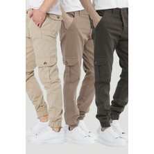 Damga Paçası Lastikli Kargo Cep Pantolon Taş-Camel-Haki Rengi Çok Renkli