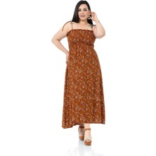 Disentis Modest Büyük Beden Ip Askılı Göğsü Fırfırlı ve Lastikli Uzun Kahverengi Elbise