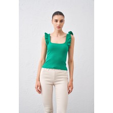 Tenda Moda Tena Moda Kadın Benetton Yeşil Kolları Fırfırlı Kolsuz Kaşkorse Bluz