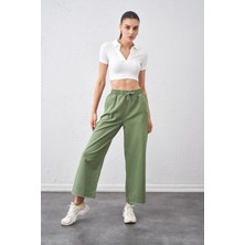 Tena Moda Kadın Haki Beli Bağlamalı Geniş Piş Dikişli Paça Pantolon