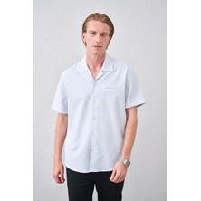 Tena Moda Erkek Mavi Kısa Kol Apaş Yaka Gofre Flato Çizgili Regular Fit Gömlek