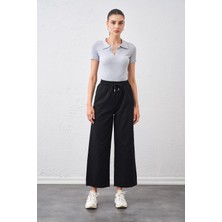 Tena Moda Kadın Siyah Beli Bağlamalı Geniş Piş Dikişli Paça Pantolon