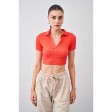 Tena Kadın Nar Polo Yaka Bürümcük Kumaş Crop