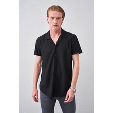 Tena Erkek Siyah Kısa Kol Ottoman Kumaş Apaş Yaka Gömlek