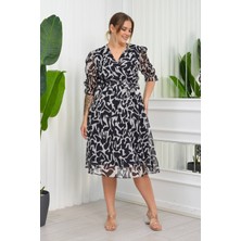 Neşeli Butik Kadın Büyük Beden Desenli Şifon Elbise NB8063 - Siyah