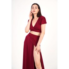 giyadda Kadın Bordo Kruvaze Yaka Yırtmaçlı Bluz - Etek Ikili Takım / Elbise