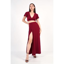 giyadda Kadın Bordo Kruvaze Yaka Yırtmaçlı Bluz - Etek Ikili Takım / Elbise