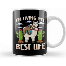 Baskı Dükkanı Cute Sloth & Llama Living My Best Life Sleepy Lazy Kupa Bardak Porselen