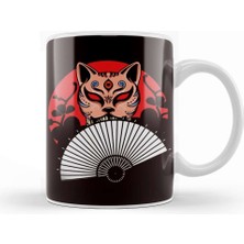 Baskı Dükkanı Japanese Hand Fan Cat Geisha Samurai Ninja Shinobi Warrior Kupa Bardak Porselen